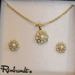 NIB Rembrandt Faux Pearl CZ Necklace and Earring Set
